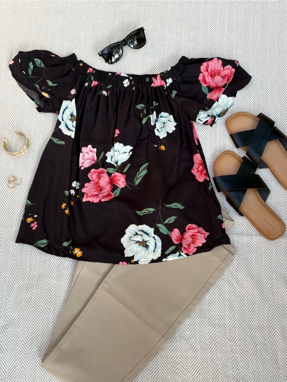 Off-the-Shoulder Black Floral Ruffle-Sleeve Swing Top for Women
